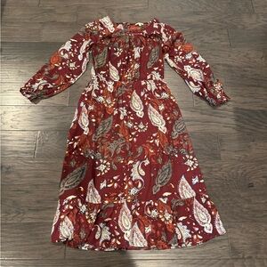 Kori America Womens Dress Size Medium Burgandy Paisley Print Boho Ruffle Midi